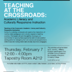 Winter 2019 KCTL-FITR winter workshop flyer. This workshop was called :Teaching at the Crossroads: Academic Literacy and Culturally Responsive Instruction" led by Dr. Jeanine Williams from University Maryland University College.