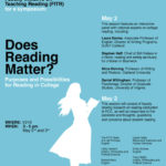 This is the flyer for FITR"s introductory symposium in Spring 2018. "Does Reading Matter: Purposes and Possibilities for Reading in College"
